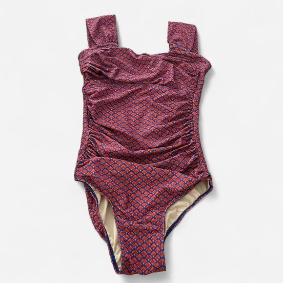 Albion square neck retro geometrical micro print ruched side modest cut swimsuit - Picture 2 of 6